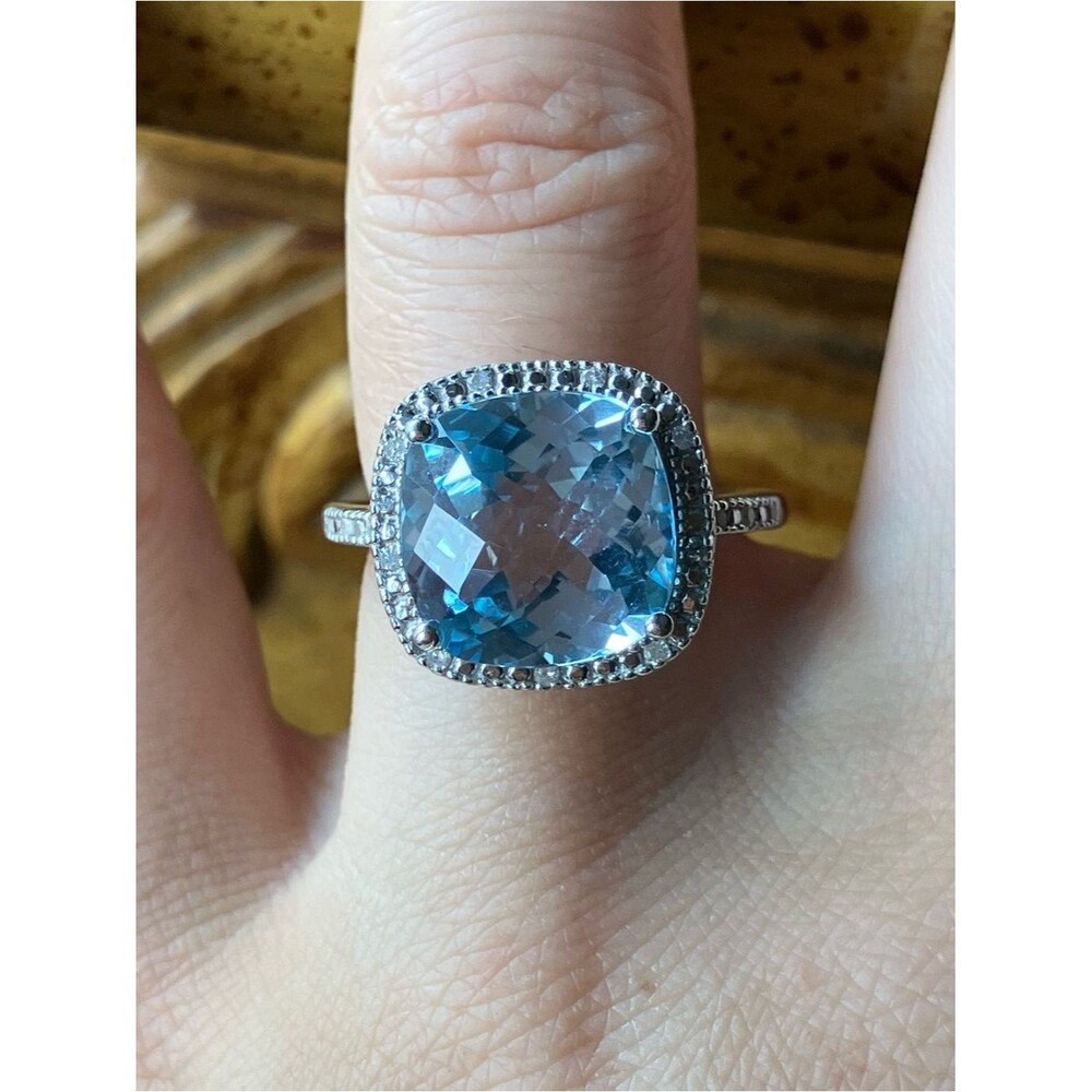 Natural Blue Topaz White Diamond Sterling Silver Ring Size 8